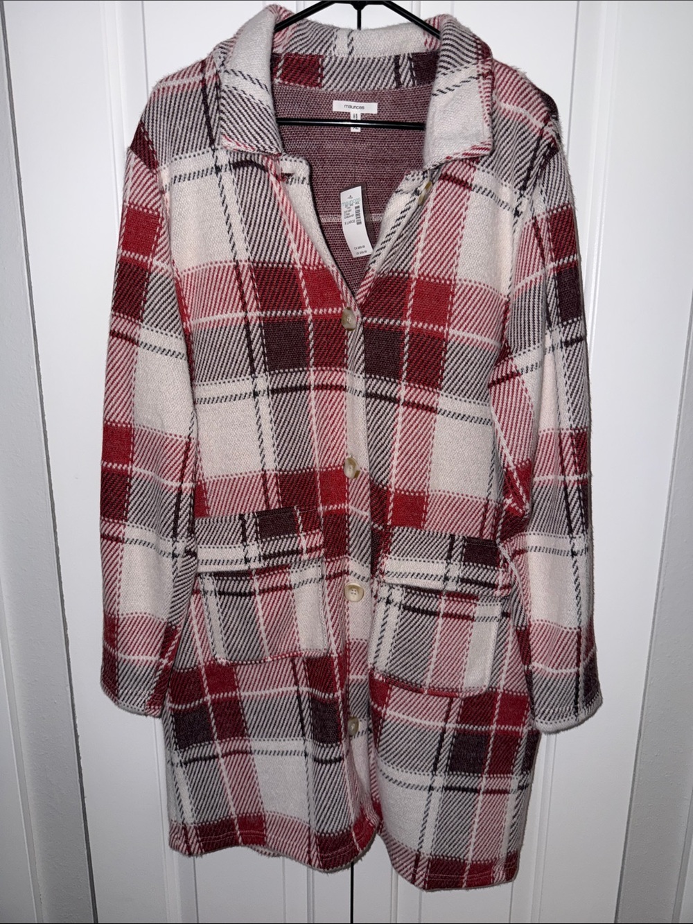 Maurices Red and Cream Plaid Button Front Coatigan